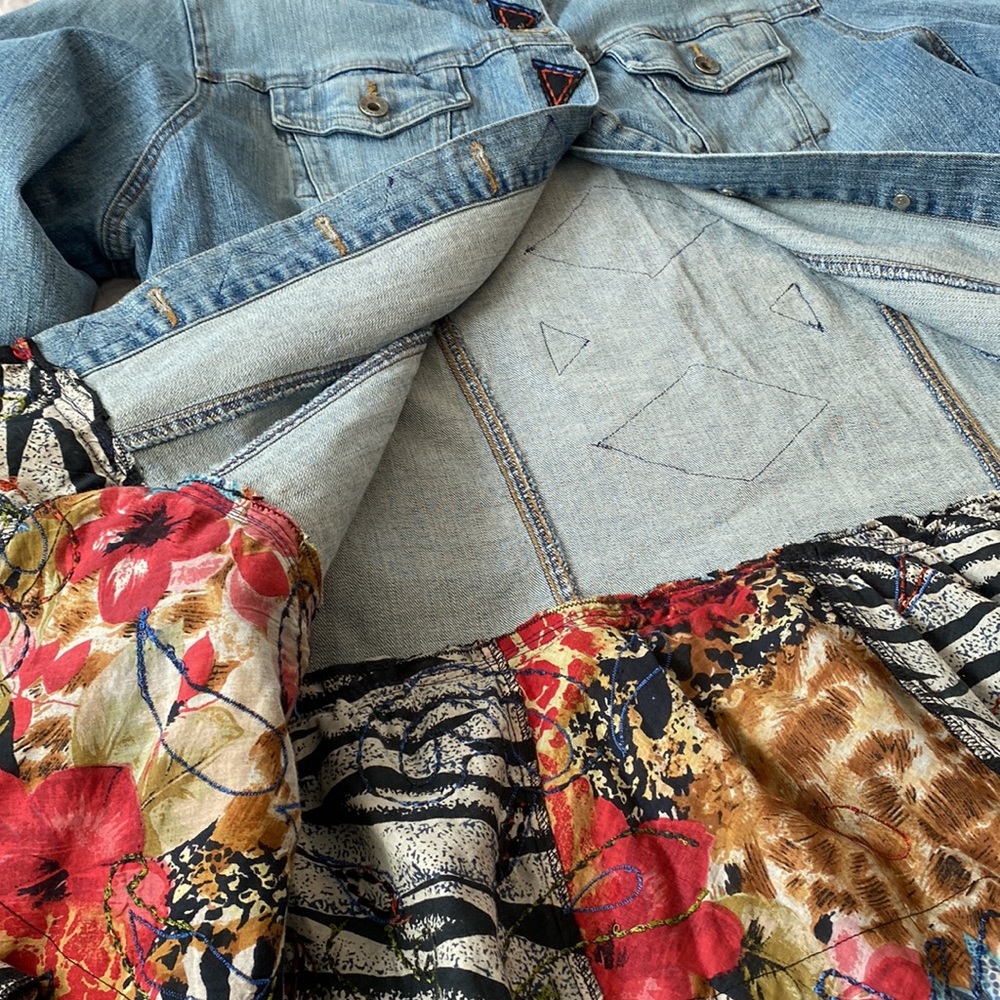 Upcycled long denim duster / jean jacket OOAK Reworked tiered appliqué boho - Picture 5 of 12